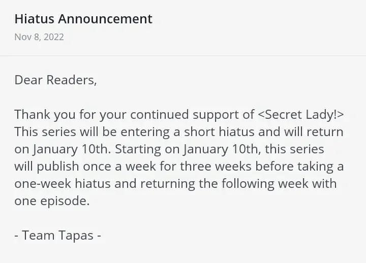 Secret Lady Hiatus Announcement